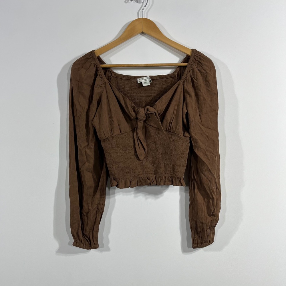 American‎ Eagle Y2K Milkmaid Coquette Brown Smocked Crop Top Womens Small Boho